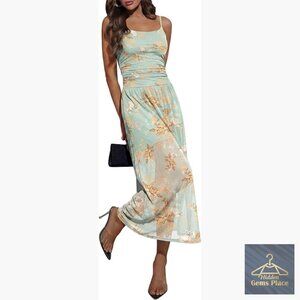 Midi Dress Spaghetti Strap Ruched Mesh Floral Cocktail Party Wedding Guest